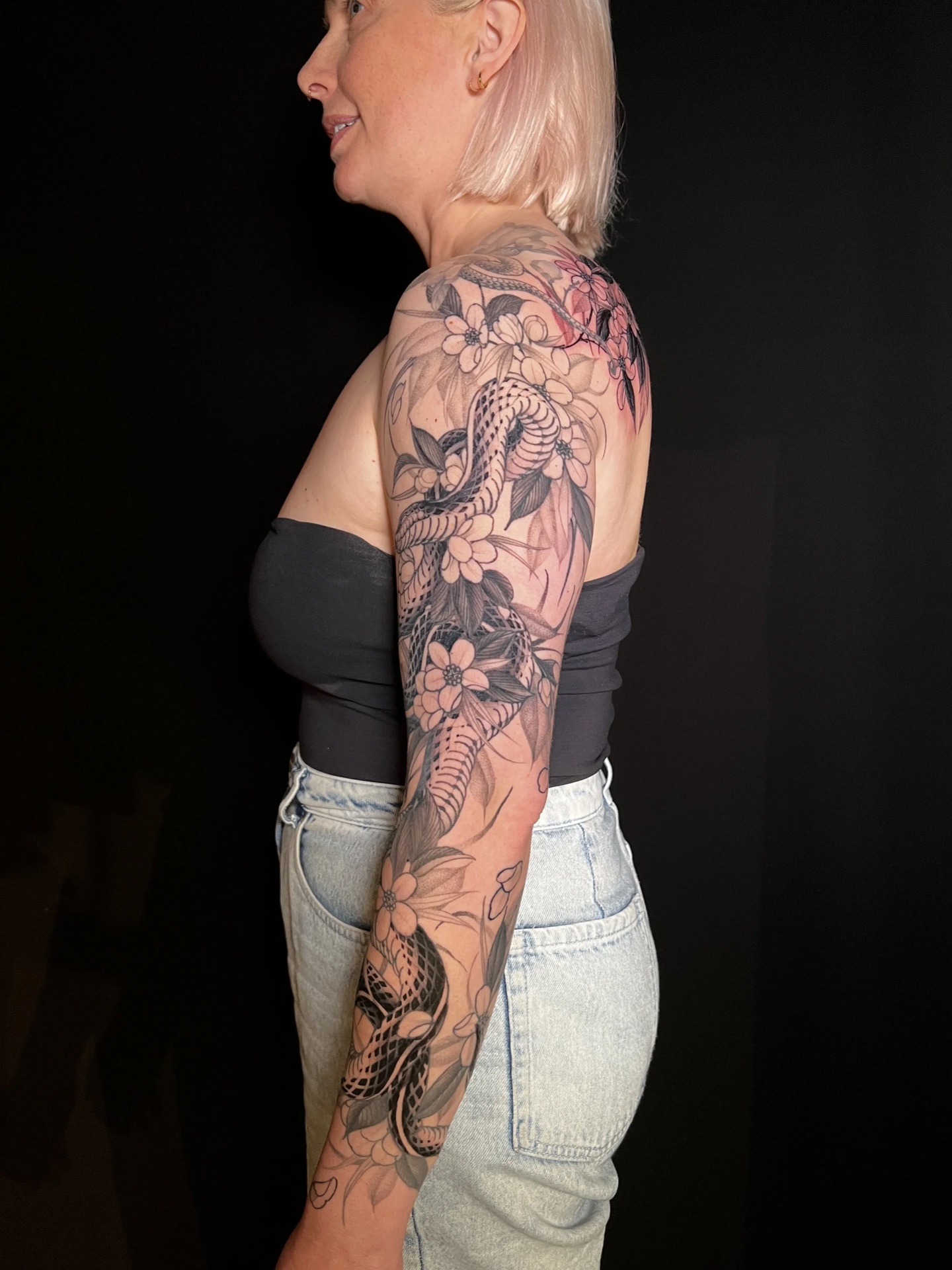 Snake and cherry blossom sleeve, black and grey, by Levi Taylor, NEST Studio