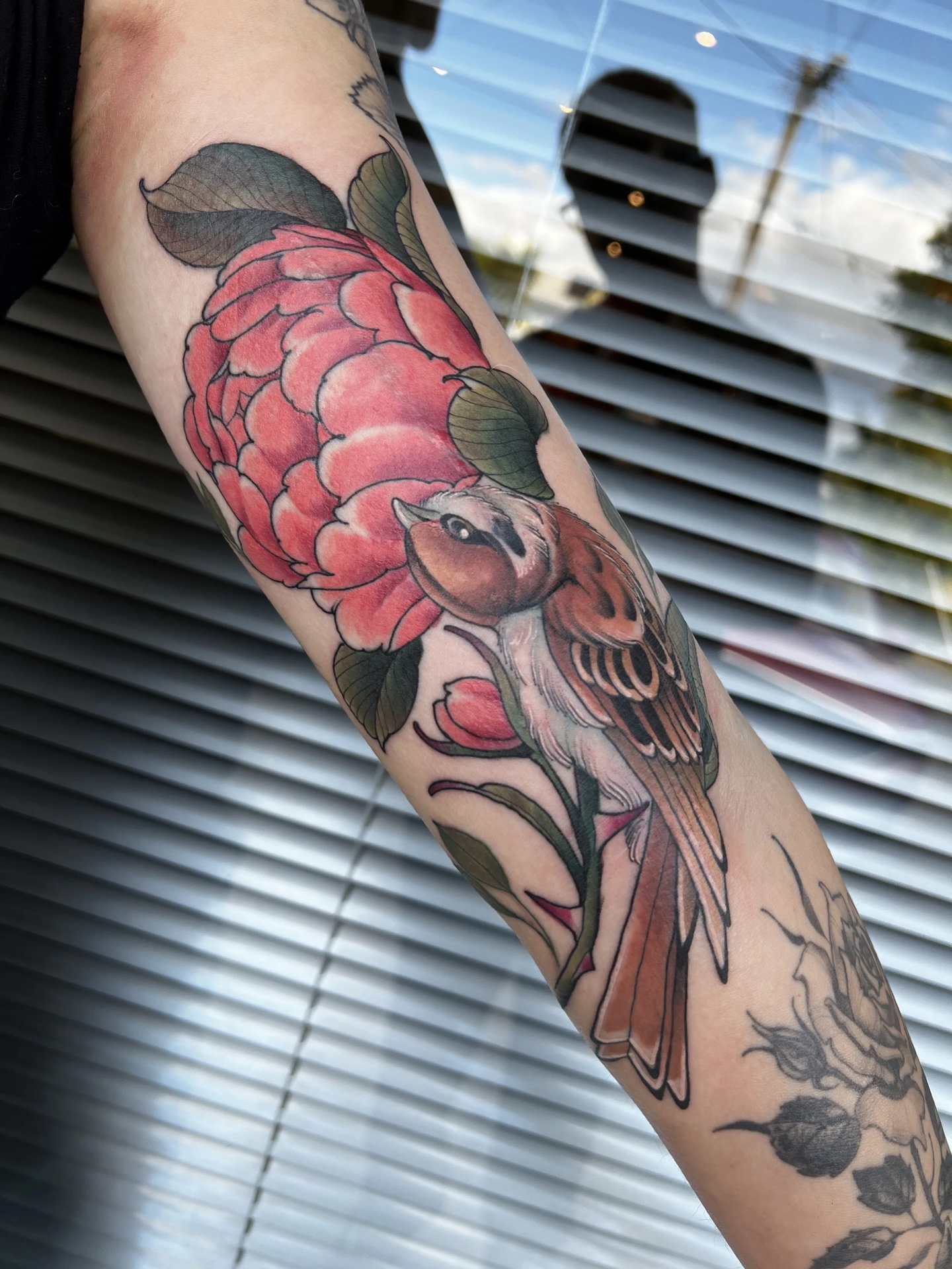 Peony and sparrow colour forearm tattoo by Levi Taylor