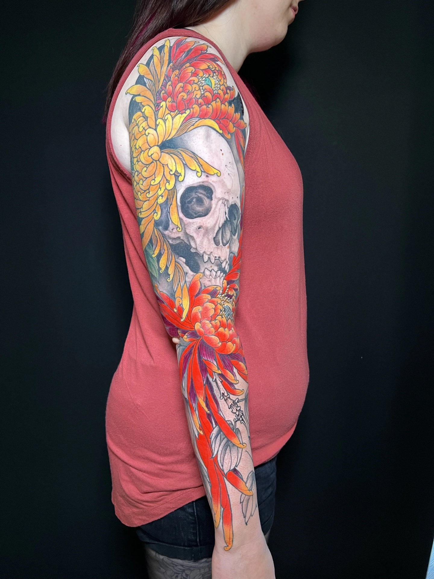 Chrysanthemum and skull colour sleeve by Levi Taylor, NEST Studio