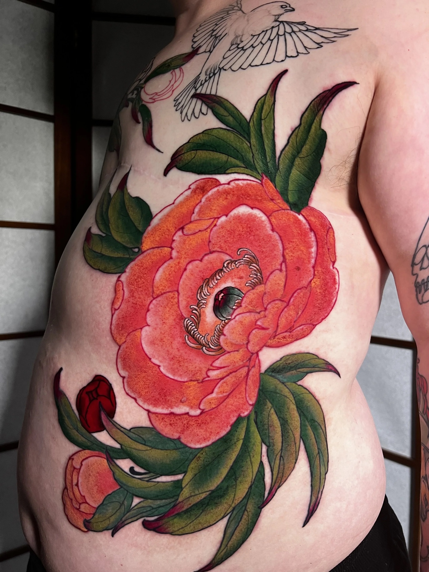 Peony and dove, colour tattoo by Levi Taylor