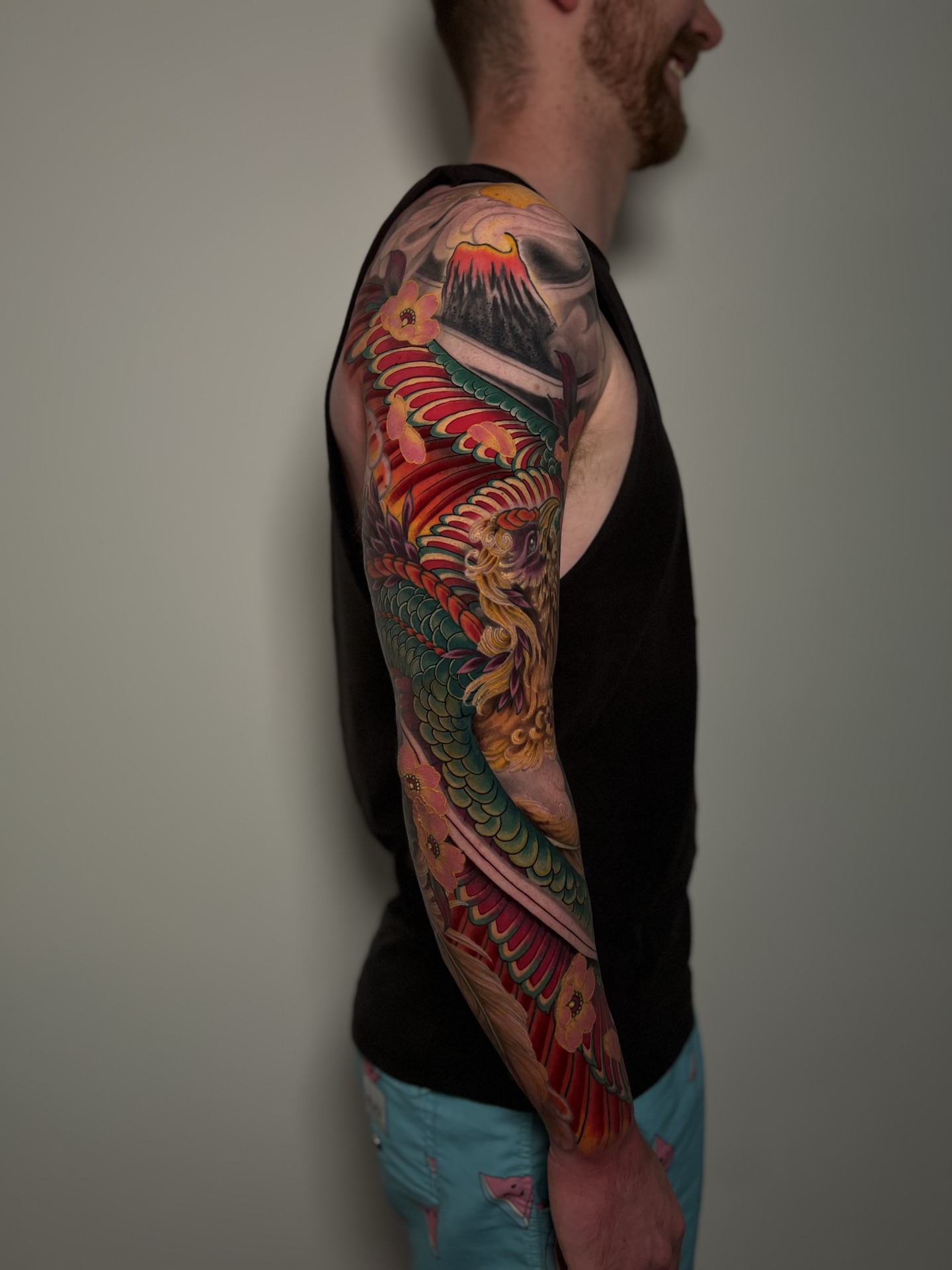 Colour phoenix and Mount Fuji full sleeve by Levi Taylor, NEST Studio Melbourne